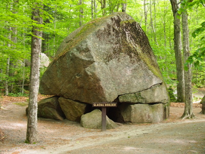 [In the middle of the forest floor beside some trees and beside the designated trail is a huge boulder which is supported by several smaller hunks of rock beneath it. There is a small wooden sign in front of it which says 'glacial boulder'.]